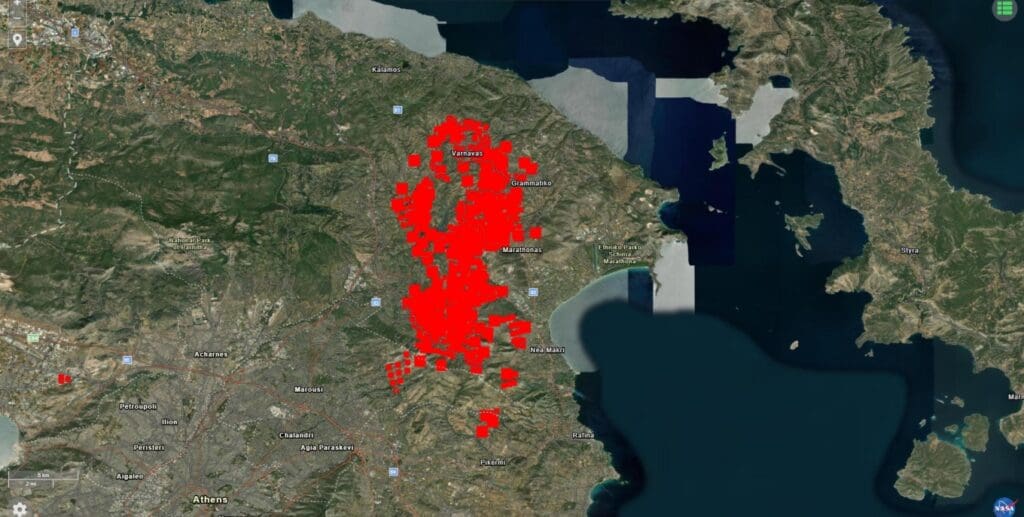 Τα ενεργά μέτωπα της πυρκαγιάς στον χάρτη της NASA