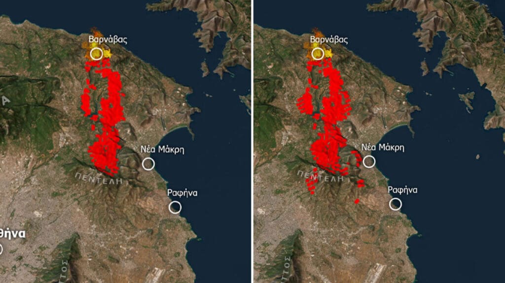 Meteo: Δορυφορικές εικόνες με την εξάπλωση του πύρινου μετώπου