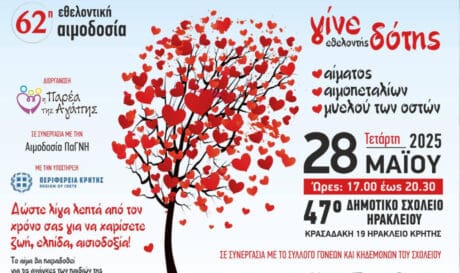 Εθελοντική αιμοδοσία στις 28/5 στο 47ο δημοτικό σχολείο Ηρακλείου