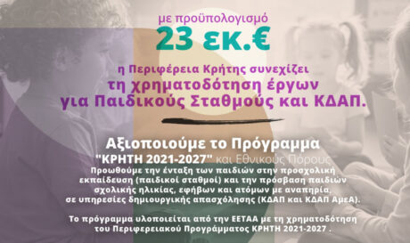 Η Περιφέρεια Κρήτης συνεχίζει τη χρηματοδότηση παιδικών σταθμών και ΚΔΑΠ με 23 εκ. ευρώ