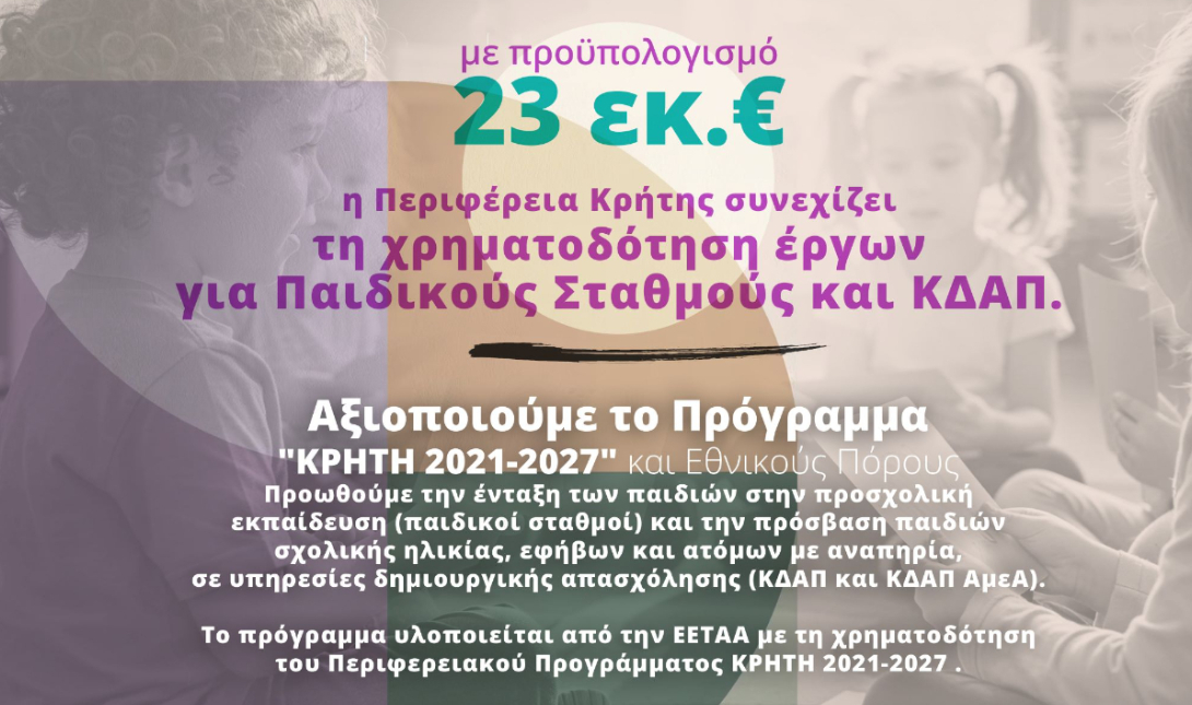 Η Περιφέρεια Κρήτης συνεχίζει τη χρηματοδότηση παιδικών σταθμών και ΚΔΑΠ με 23 εκ. ευρώ
