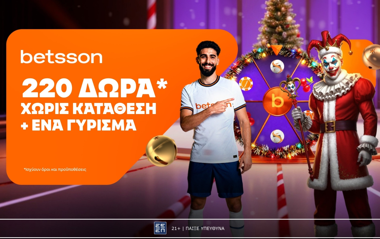 Betsson: Μια ξεχωριστή προσφορά με 220 δώρα* χωρίς κατάθεση + ένα Γύρισμα στον τροχό!