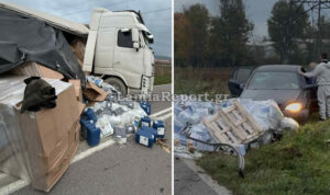 Σοβαρό τροχαίο στη Λαμία: Γέμισε τσιμέντα ο δρόμος μετά την εκτροπή νταλίκας – Δείτε εικόνες