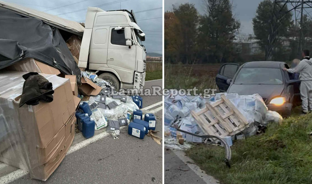 Σοβαρό τροχαίο στη Λαμία: Γέμισε τσιμέντα ο δρόμος μετά την εκτροπή νταλίκας – Δείτε εικόνες