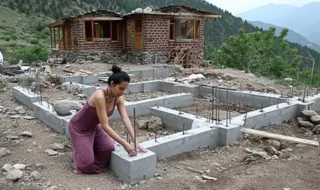 γυναίκα χτίζει μόνη της σπίτι στα βουνά