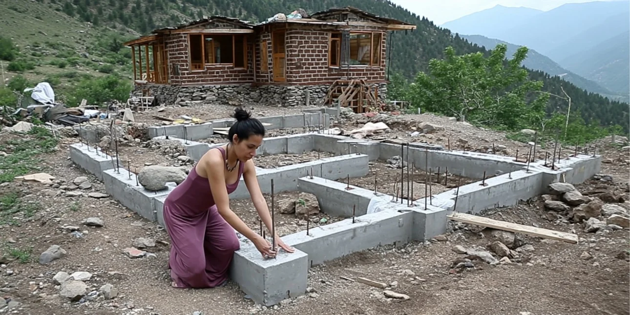γυναίκα χτίζει μόνη της σπίτι στα βουνά