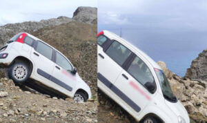 Ηράκλειο: Εικόνες από το αυτοκίνητο που κατέληξε σε πλαγιά – Στο σημείο το ΕΚΑΒ