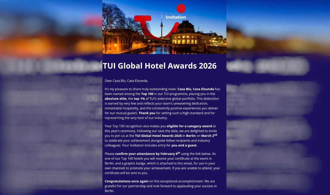 Στην παγκόσμια ελίτ της φιλοξενίας τα Casa Blu και Casa Elounda – Διπλή διάκριση στα TUI Global Hotel Awards 2026