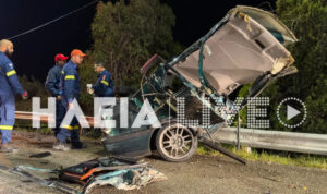 Τροχαίο στον Πύργο: Κόπηκε στα δύο αυτοκίνητο μετά από σφοδρή σύγκρουση – 3 τραυματίες (φώτο)