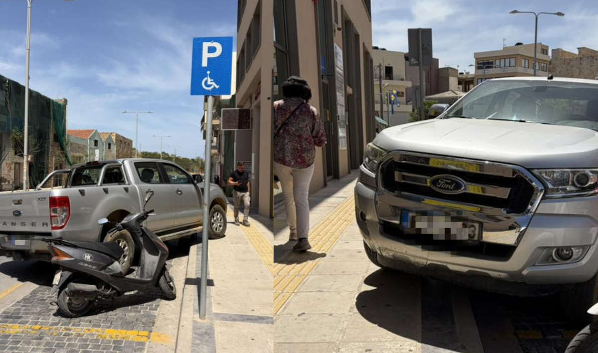 Ηράκλειο: «Δεν τον έβαζε ο τόπος»… Καβάλησε με το αγροτικό το πεζοδρόμιο σε θέση αναπήρων (φωτογραφίες)