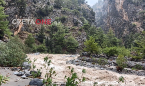 Φαράγγι Σαμαριάς: Μετατράπηκε σε ορμητικό χείμαρρο από τις βροχές – Δείτε βίντεο